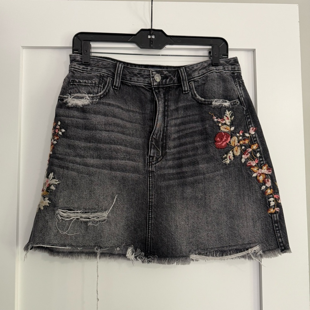 Embroidered Black Denim Skirt